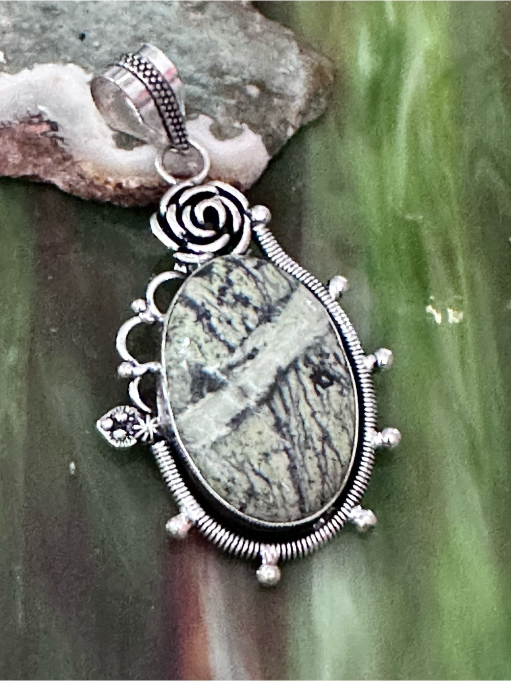 Artisan Silver Oval Green Dendritic Jasper Pendant Necklace with Rose Motif
